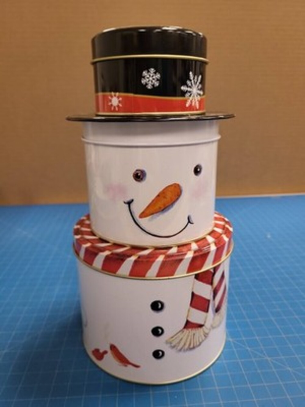 3 Tier Snowman Tin Container Christmas Holiday Decoration Storage Canister